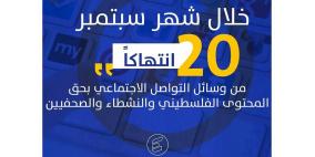 ٢٠ انتهاكاً ضد المحتوى الفلسطيني على الفيسبوك خلال أيلول