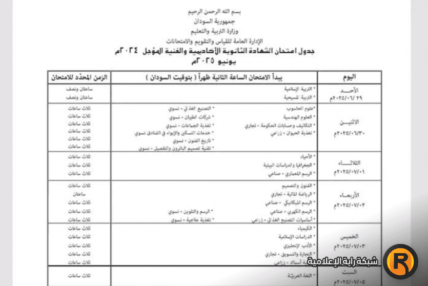 جدول امتحانات الشهادة السودانية دفعة 2024