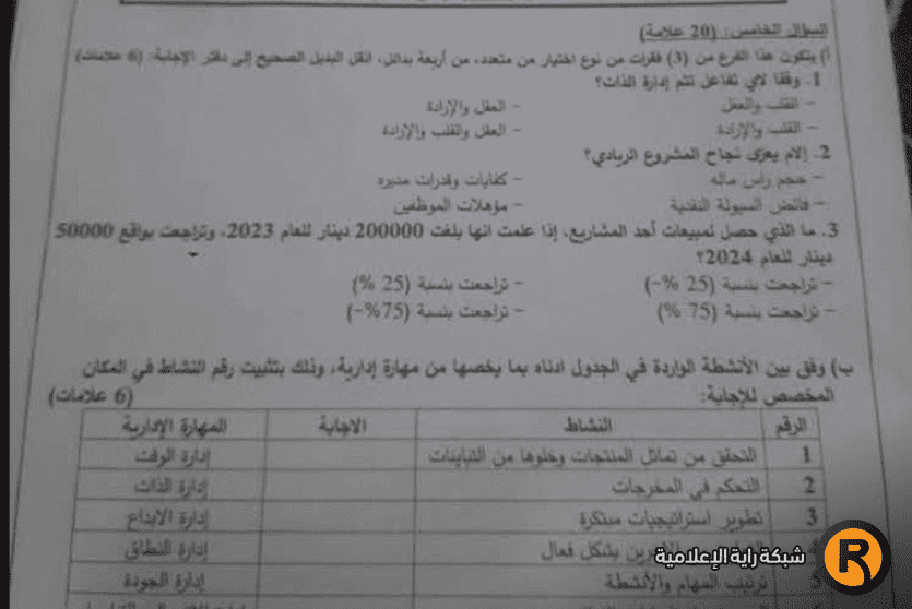 اجابات امتحان المشاريع الصغيرة 2025 توجيهي فلسطين