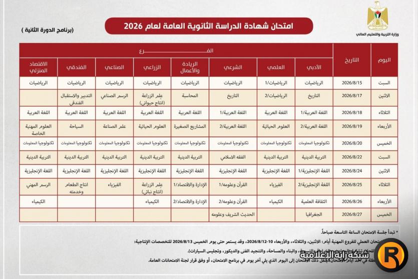 جدول امتحانات توجيهي 2026 فلسطين