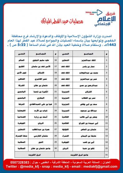 توقيت صلاة العيد بالخفجي