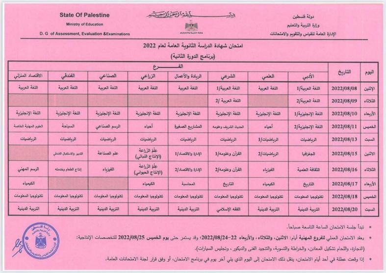 جدول امتحانات التوجيهي الدورة الثانية 2022