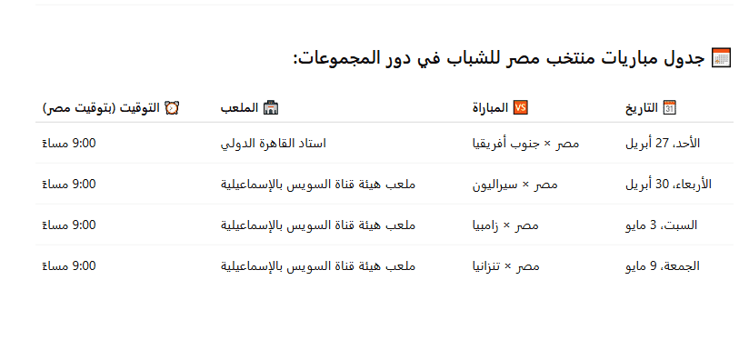 جدول مباريات منتخب مصر للشباب