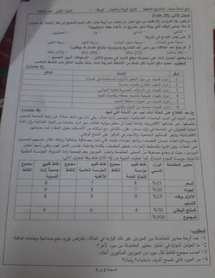 اجابات امتحان المشاريع الصغيرة 2025 توجيهي فلسطين